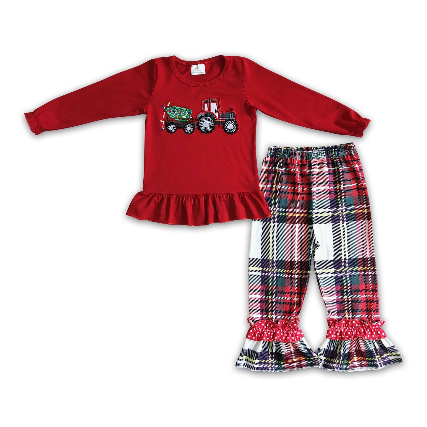 Christmas tree truck embroidery plaid pants girls clothes