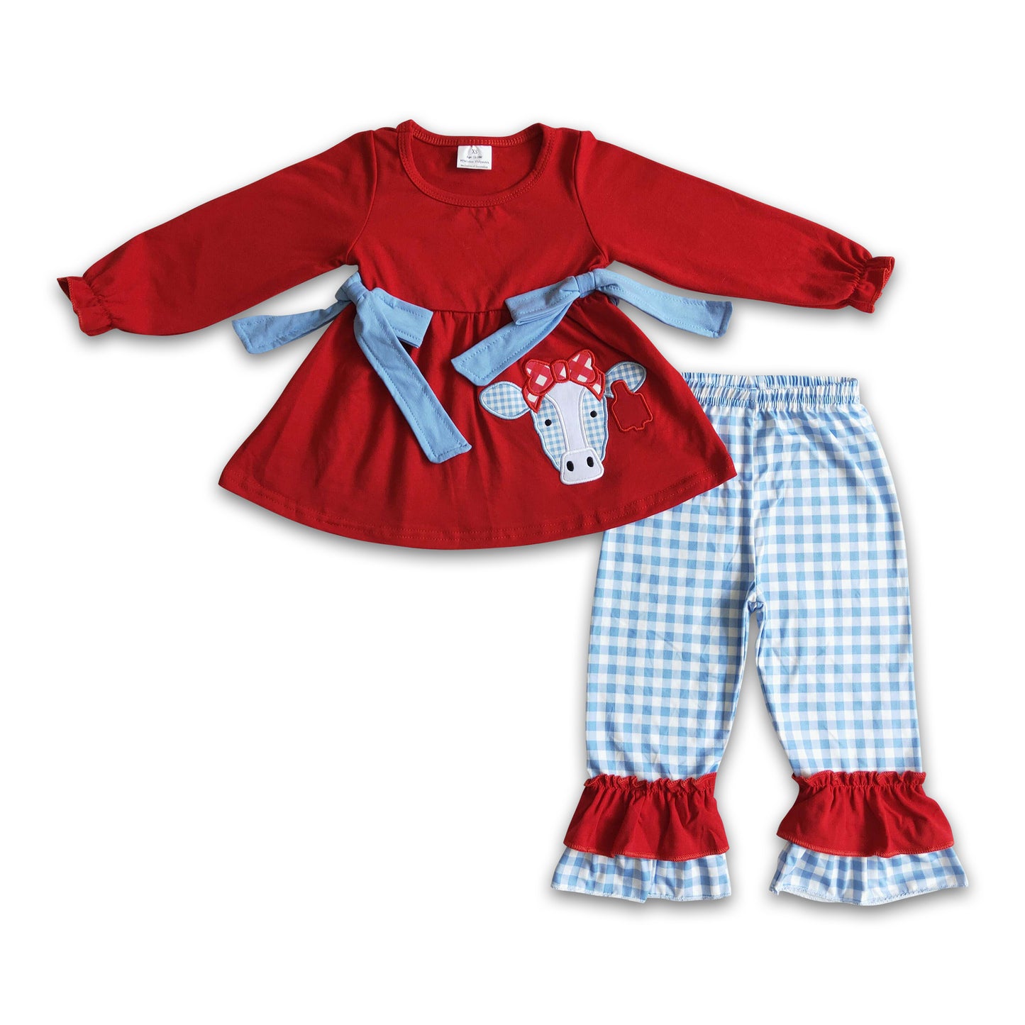 Cow embroidery red tunic plaid pants girls clothing set