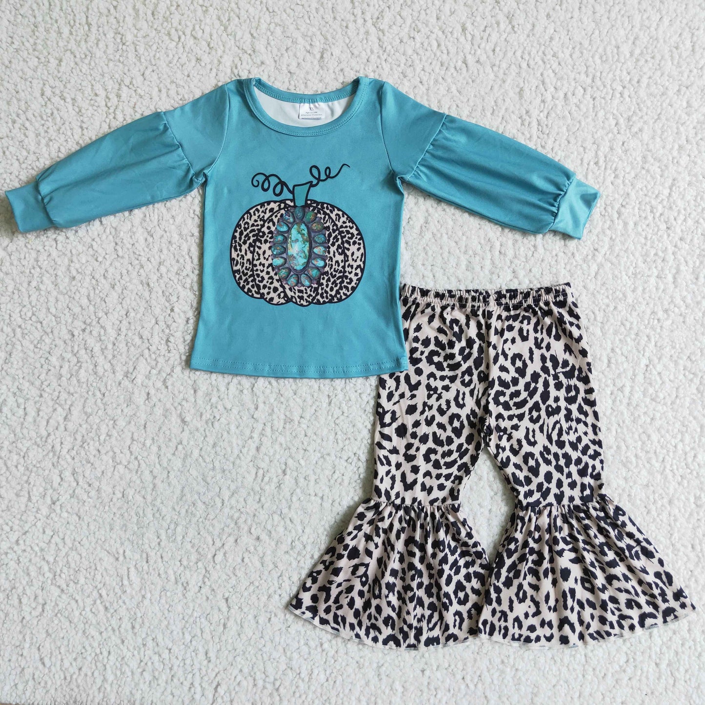 Turquoise pumpkin leopard bell bottom pants girls fall set