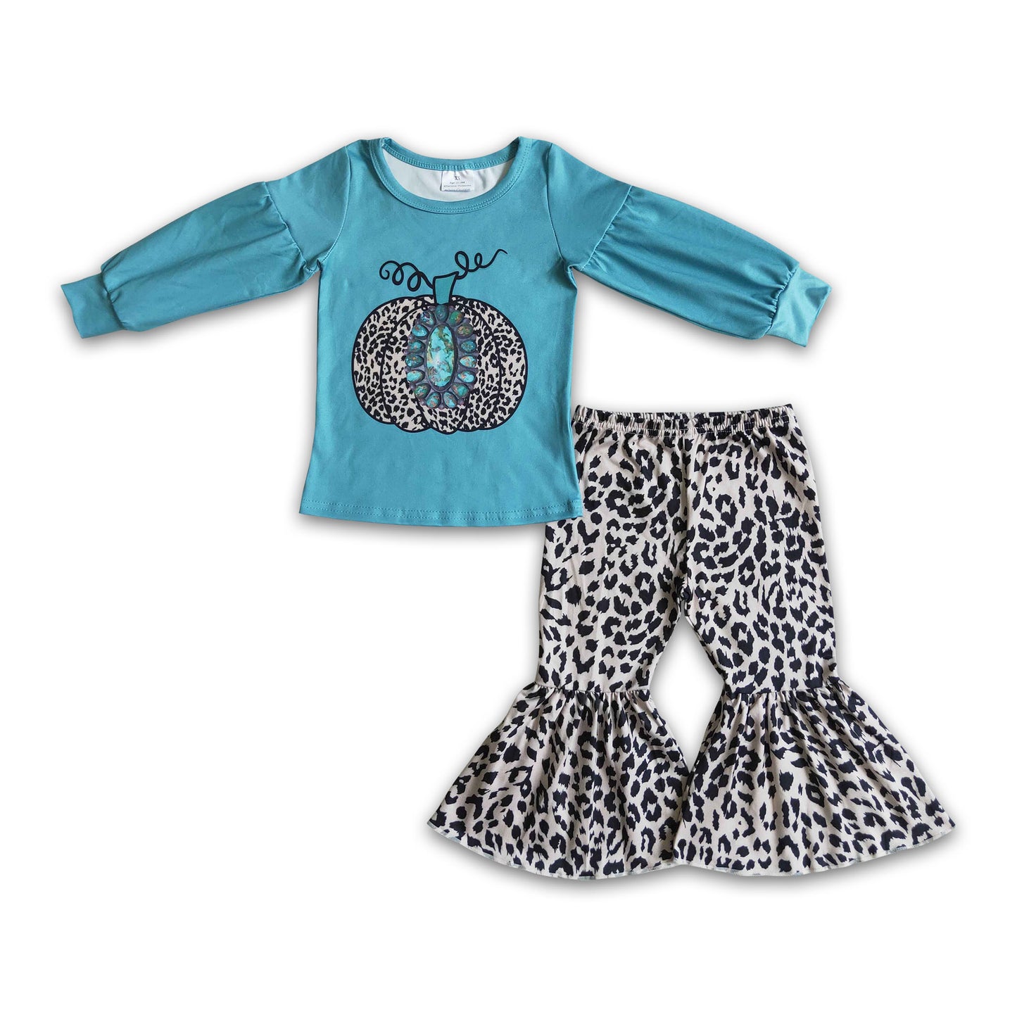 Turquoise pumpkin leopard bell bottom pants girls fall set