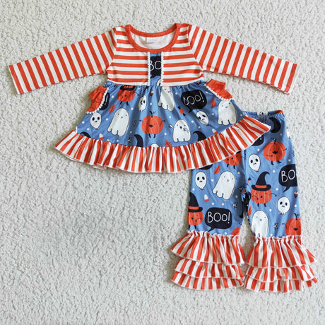 Orange stripe boo ghost girls Halloween clothing