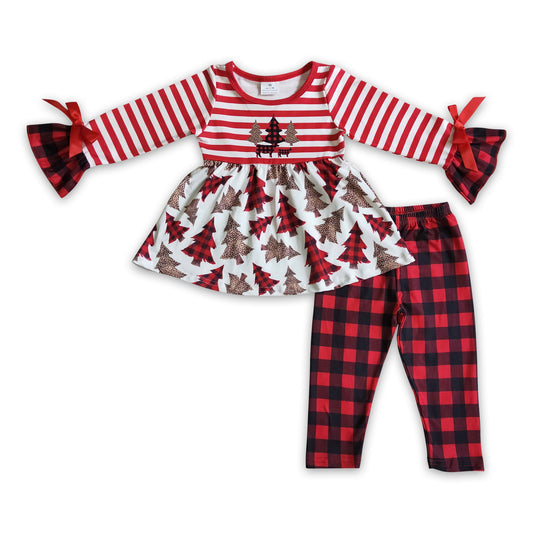 Leopard plaid Christmas tree apparel girls clothing set