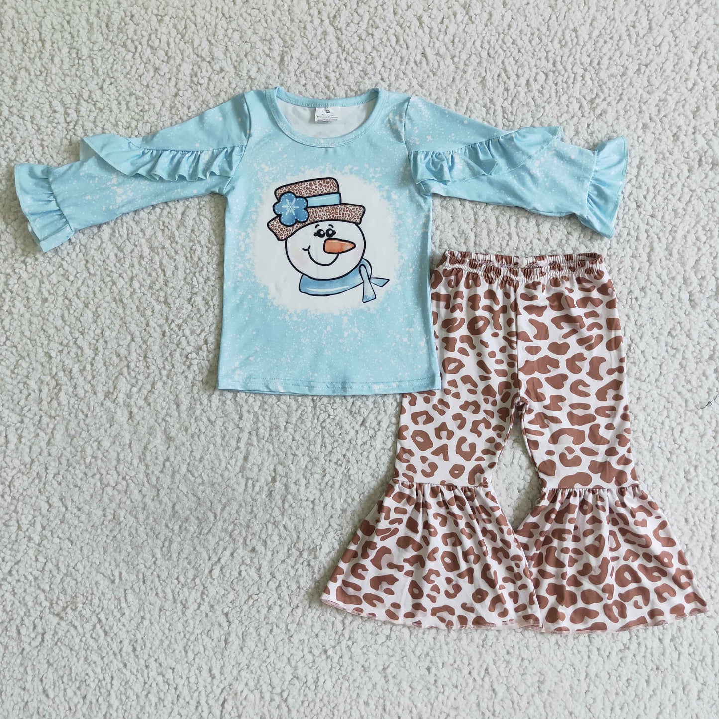 Light blue snowman shirt leopard pants girls Christmas outfits