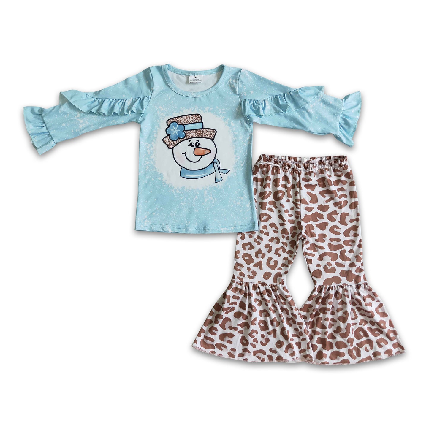 Light blue snowman shirt leopard pants girls Christmas outfits