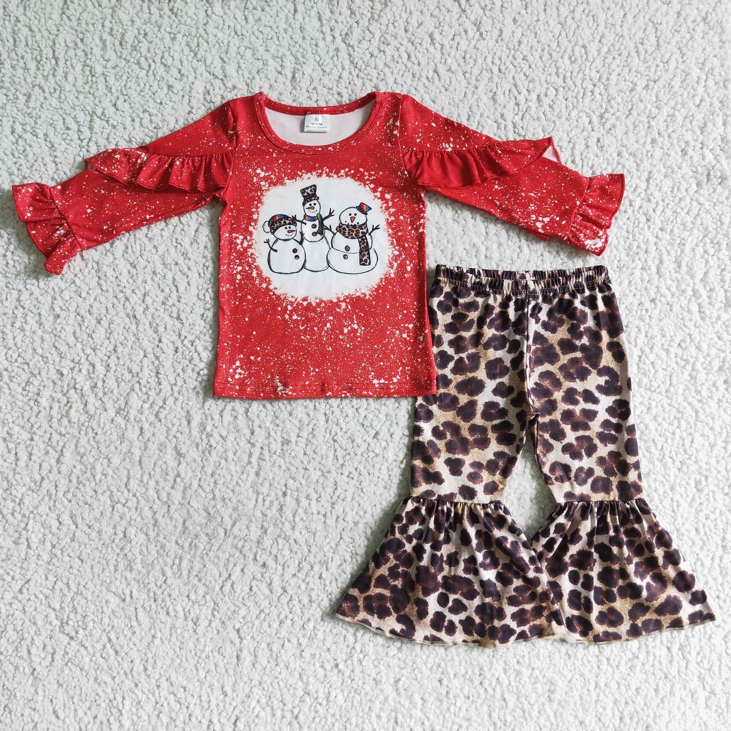 Red snowman shirt leopard pants girls Christmas outfits