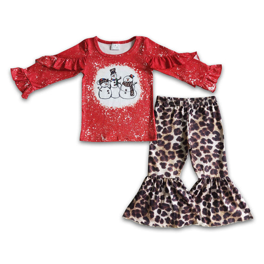 Red snowman shirt leopard pants girls Christmas outfits