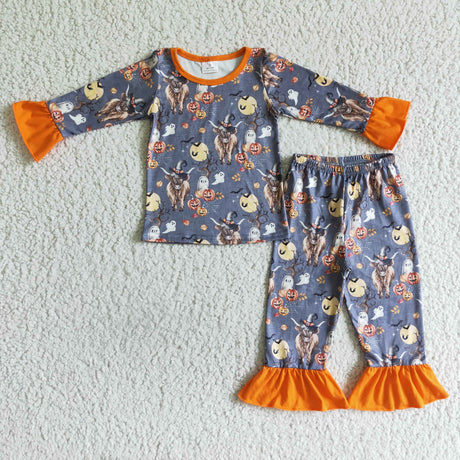 Highland cow pumpkin girls Halloween pajamas