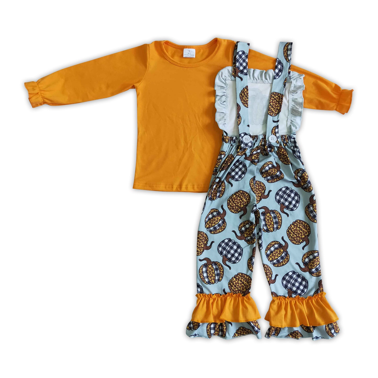 Mustard shirt leopard plaid pumpkin overalls girls fall clothing set