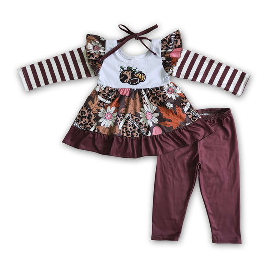 Pumpkin football embroidery tunic set girls fall clothes