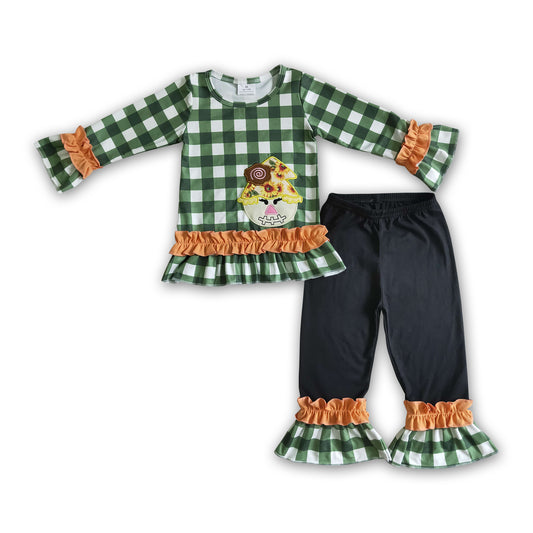 Plaid shirt scarecrow embroidery shirt ruffle pants girls fall clothes