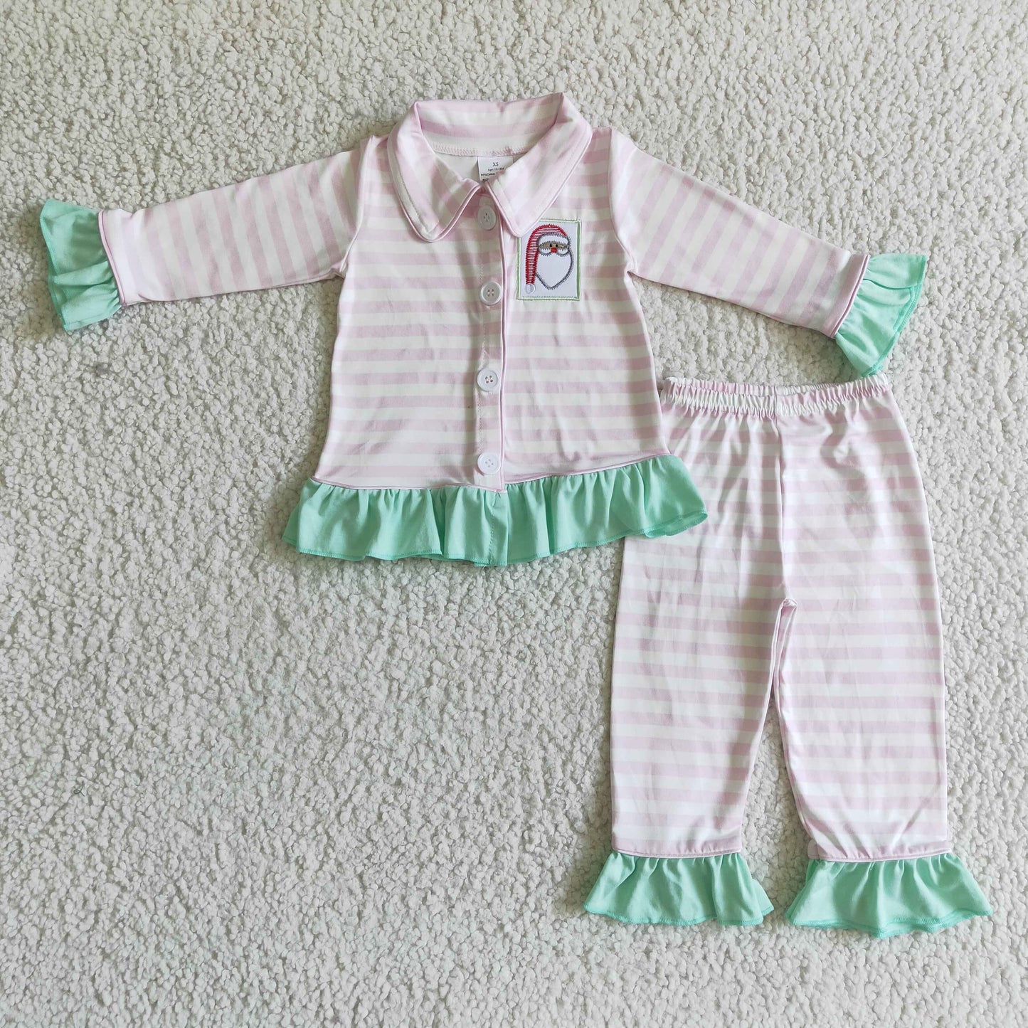 Pink stripe santa embroidery baby girls Christmas pajamas