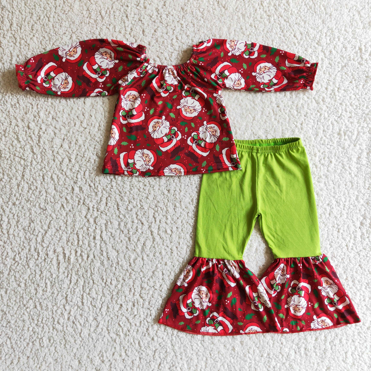 Santa print long sleeve top bell bottom pants kids girls clothes
