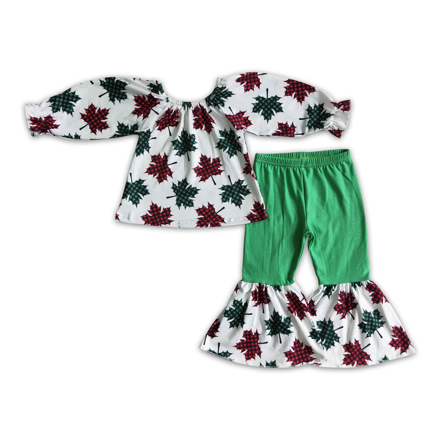Green red plaid leaves girls Christmas clothing set