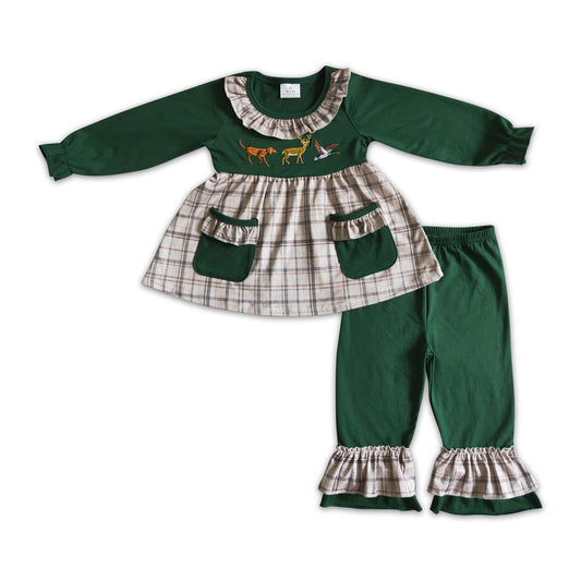 Dog deer duck embroidery girls sibling fall outfits