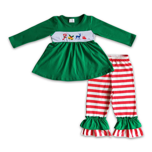 Candy cane jingle bell deer embroidery girls Christmas clothes