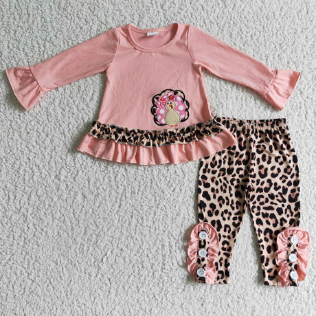 Pink turkey embroidery leopard leggings baby girls Thanksgiving outfits