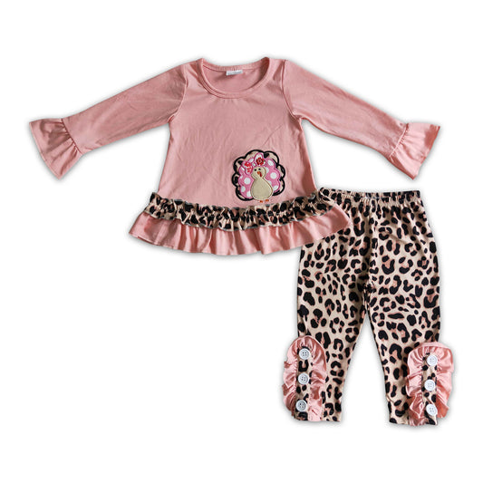Pink turkey embroidery leopard leggings baby girls Thanksgiving outfits