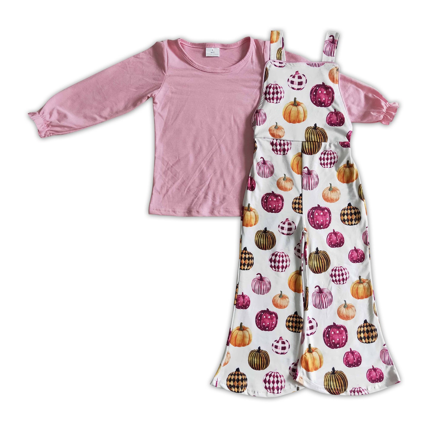 Pink cotton shirt pumpkin overalls girls Halloween clothing