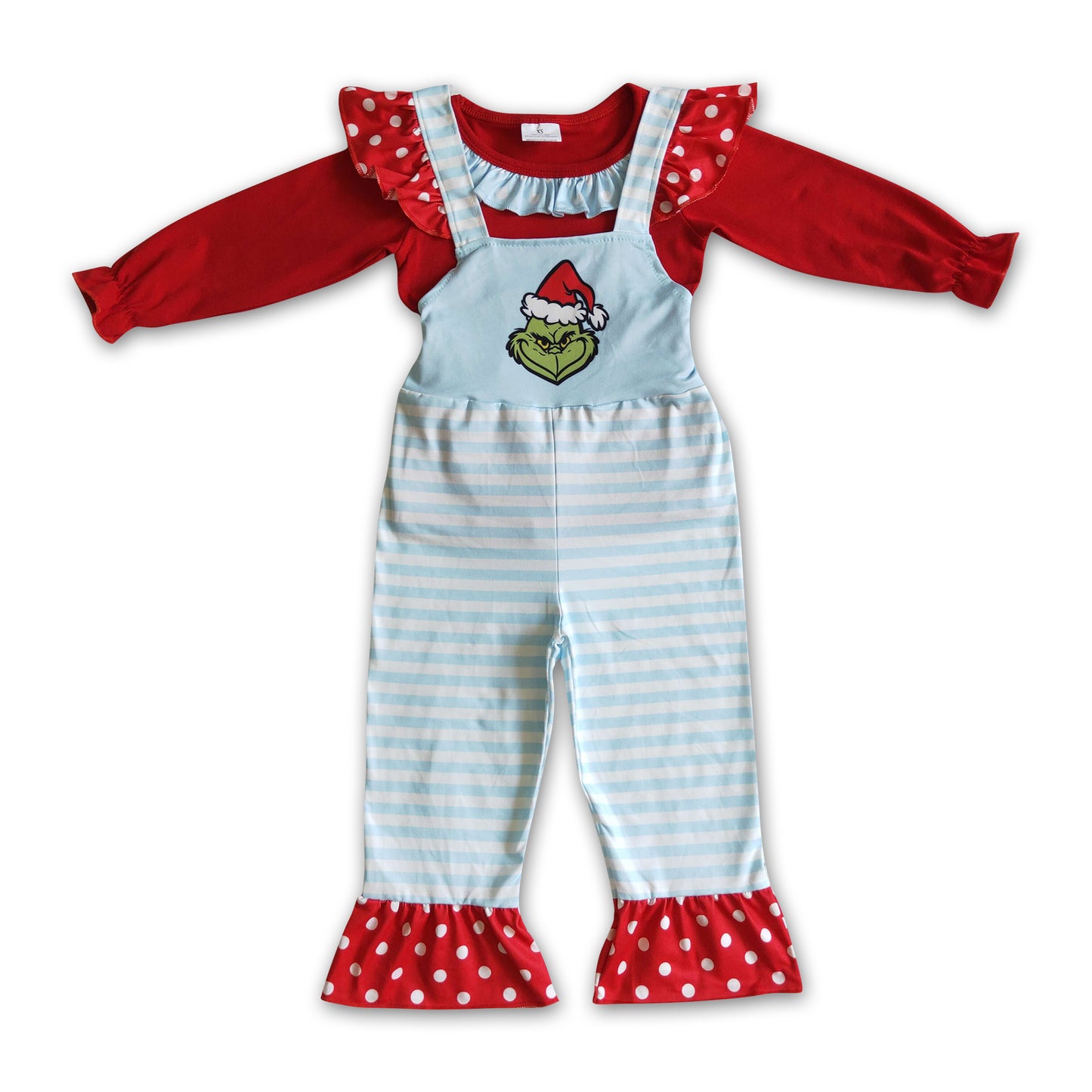 Red cotton top green face stripe overalls kids Christmas set
