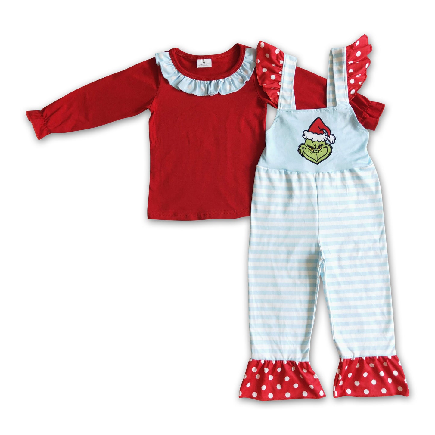 Red cotton top green face stripe overalls kids Christmas set