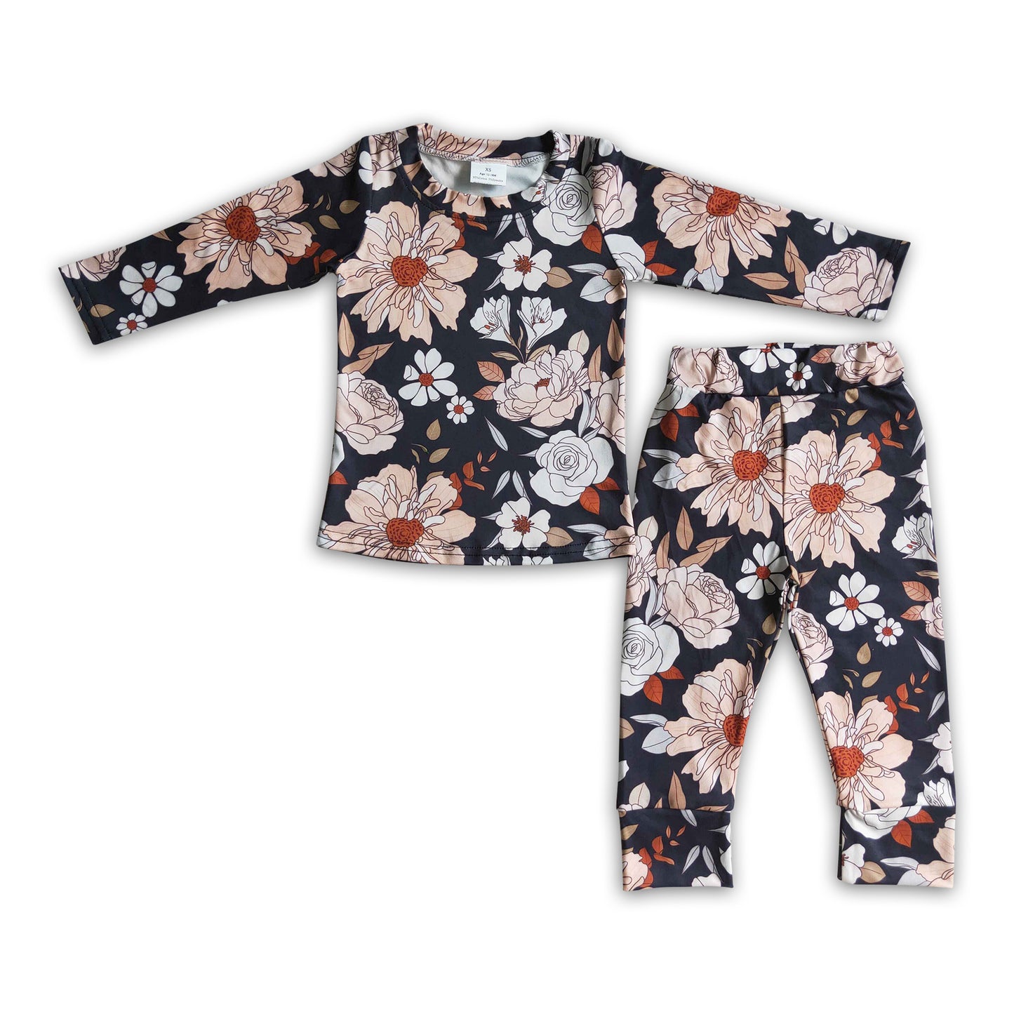 Black floral long sleeve girls fall pajamas