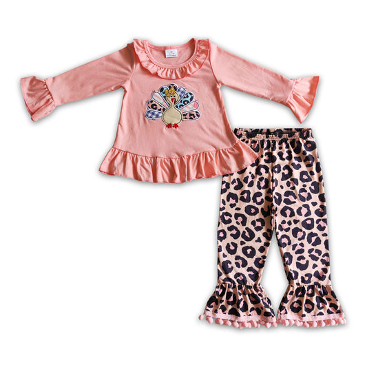 Pink turkey shirt leopard pants girls Thanksgiving clothes