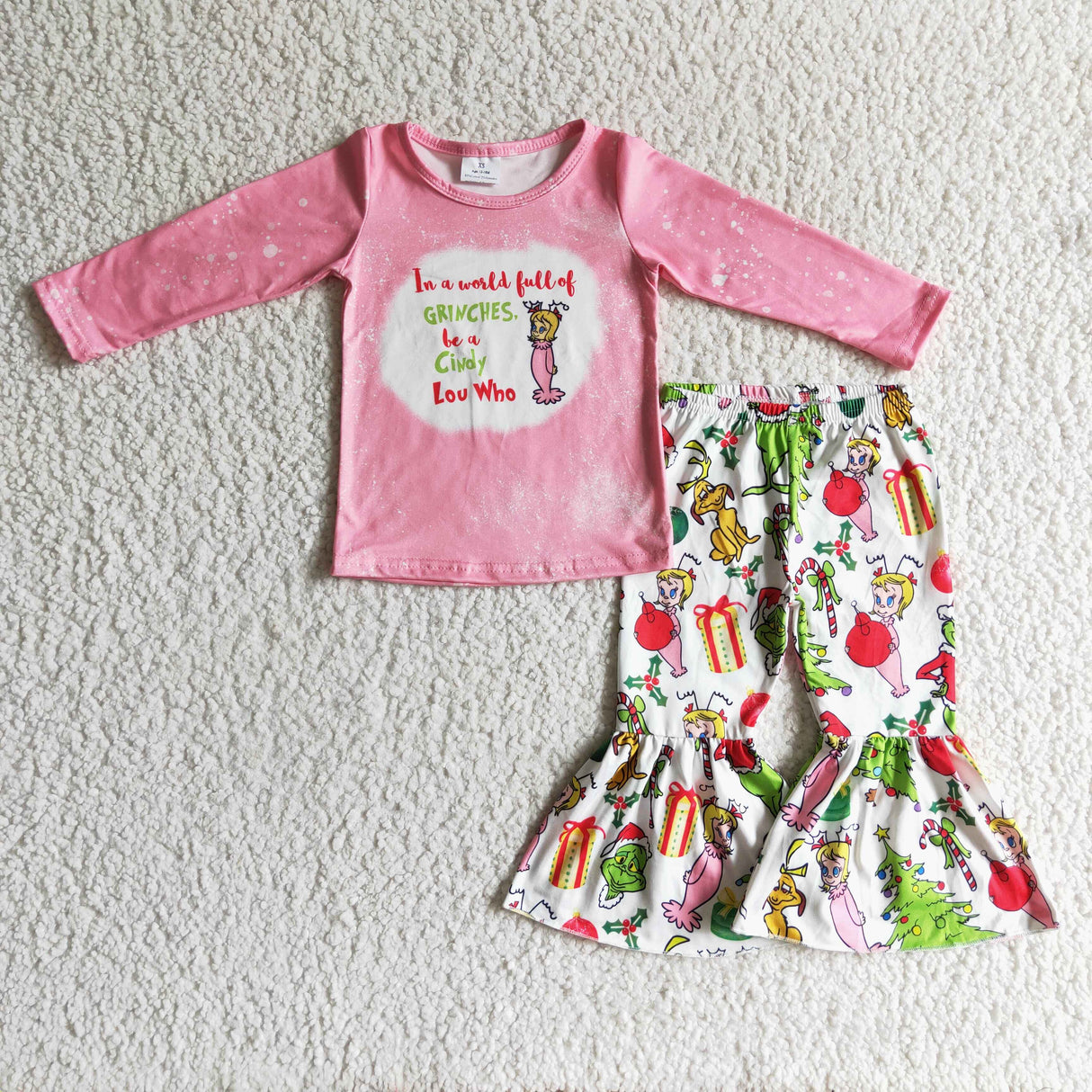 Pink bleached shirt green face pants kids girls Christmas outfits
