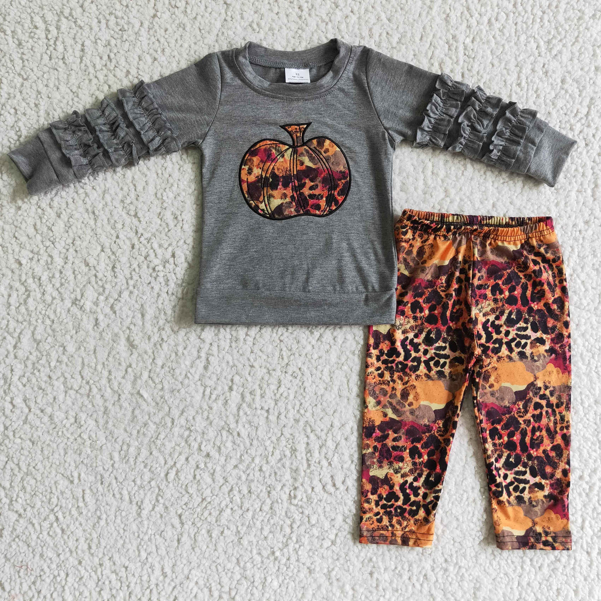 Grey cotton pumpkin shirt leopard leggings girls fall set