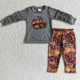 Grey cotton pumpkin shirt leopard leggings girls fall set