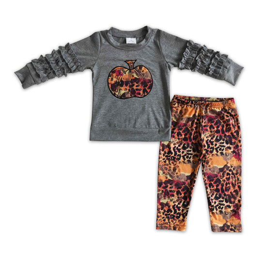 Grey cotton pumpkin shirt leopard leggings girls fall set
