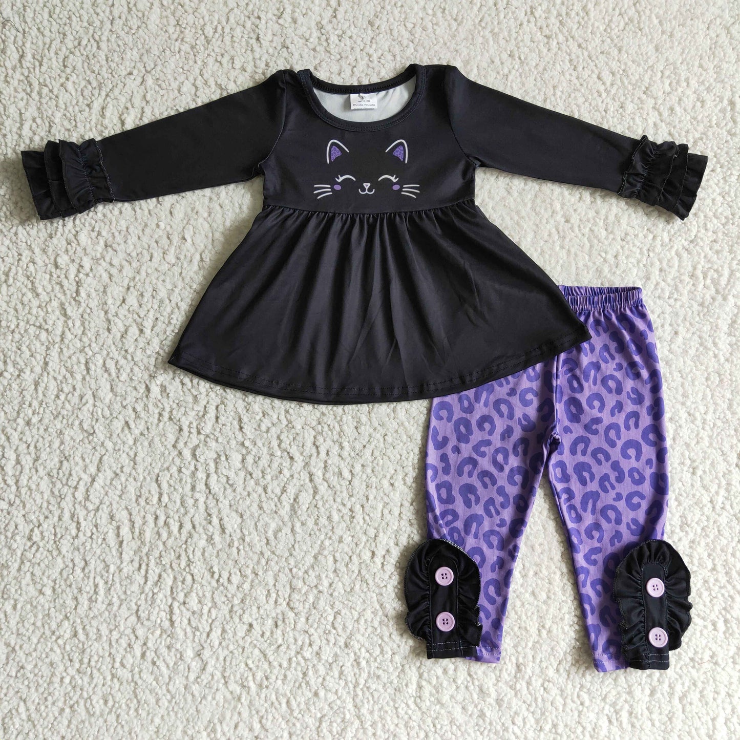 Cat black tunic purple leopard leggings kids girls Halloween clothes