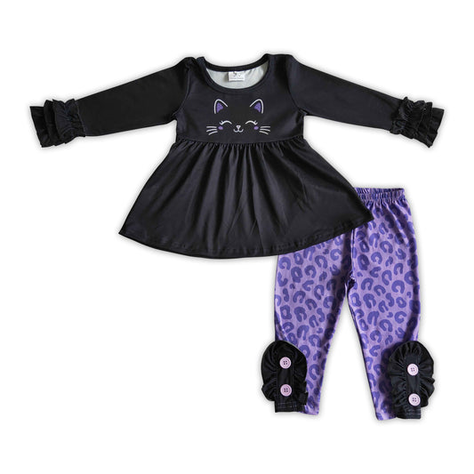 Cat black tunic purple leopard leggings kids girls Halloween clothes