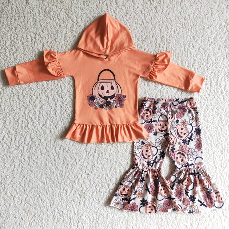 Pumpkin basket bat floral hoodie set girls Halloween outfits