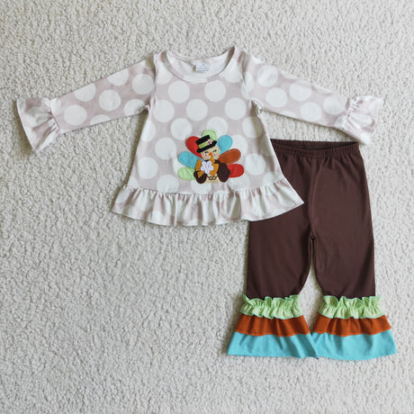 Turkey embroidery polka dots shirt brown pants girls Thanksgiving clothing