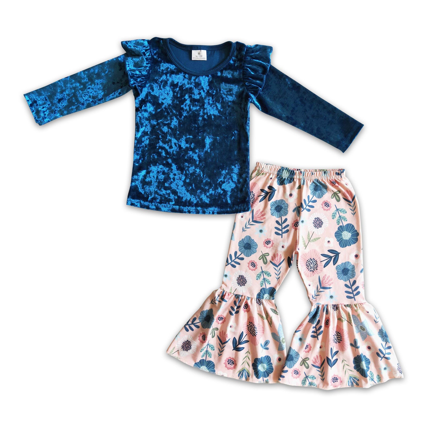 Blue velvet shirt floral bell bottom pants baby kids fall clothes