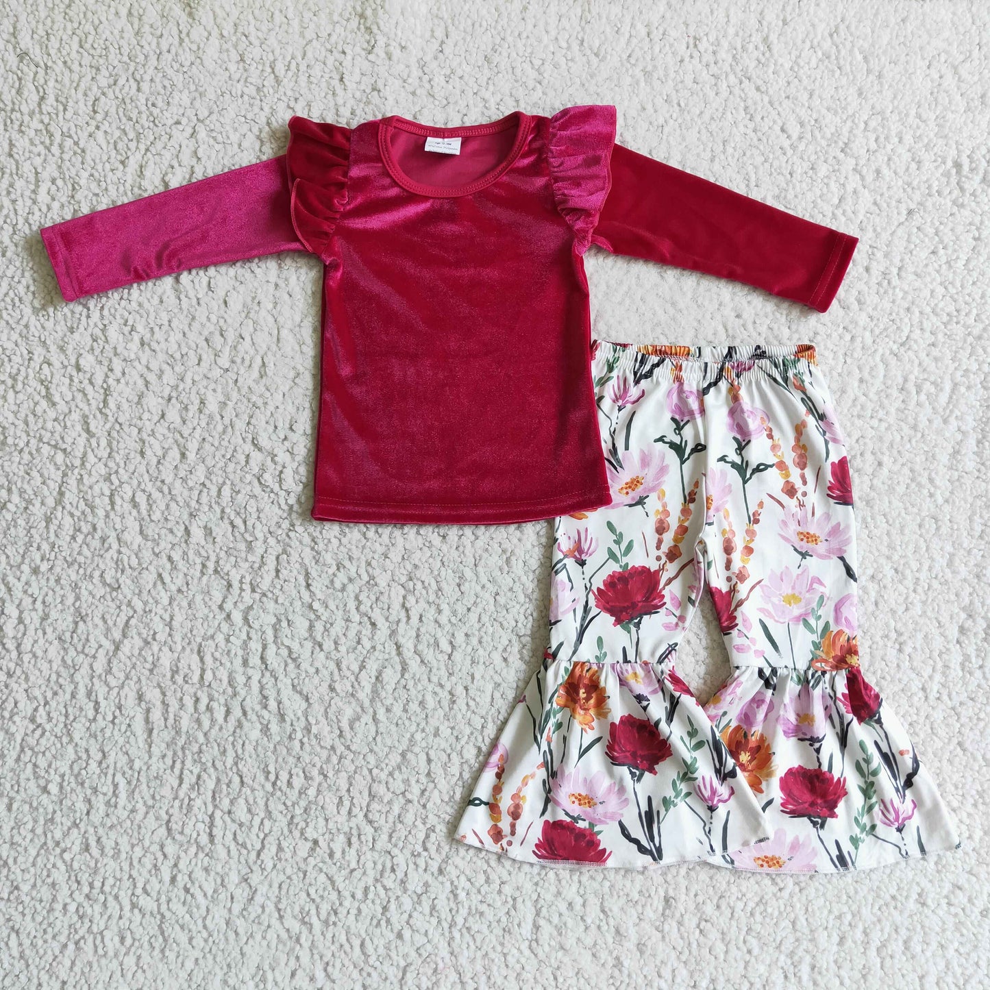 Red velvet shirt floral bell bottom pants baby kids fall clothes