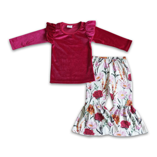 Red velvet shirt floral bell bottom pants baby kids fall clothes