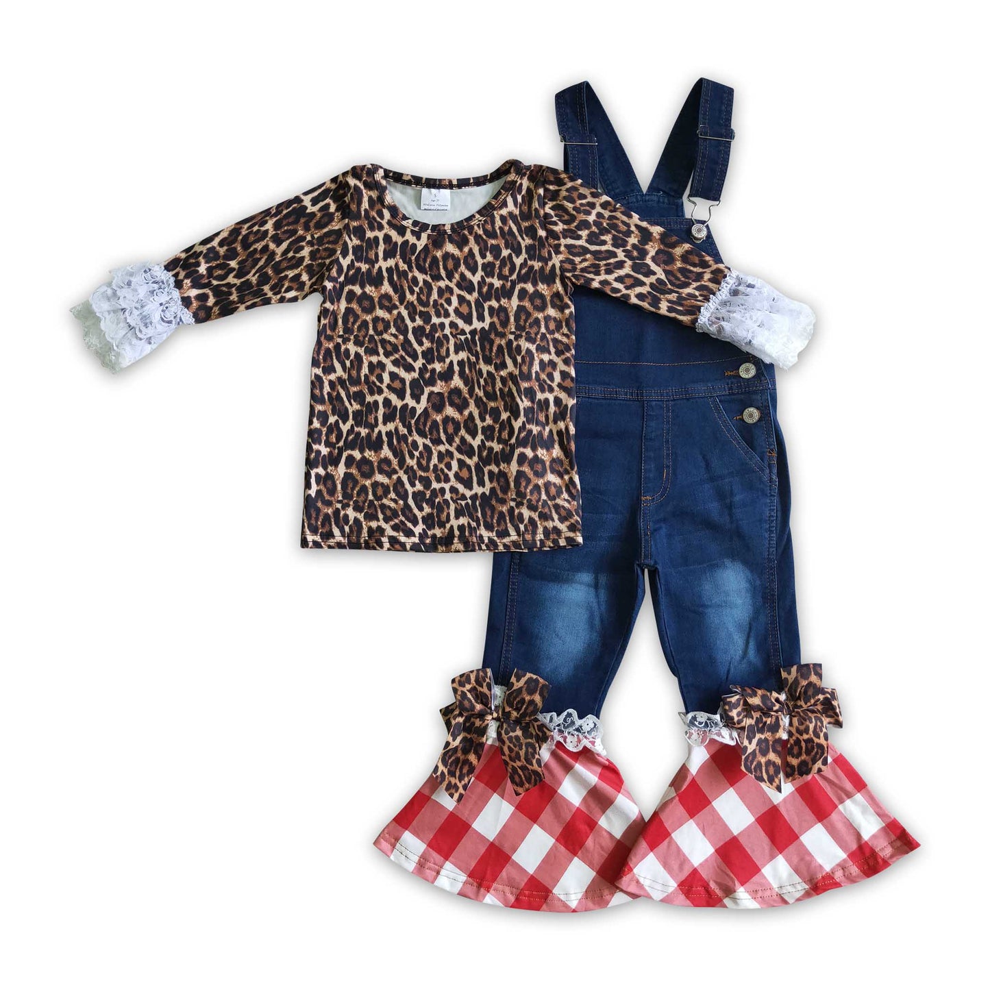 Leopard shirt red plaid denim overalls girls Christmas outfits
