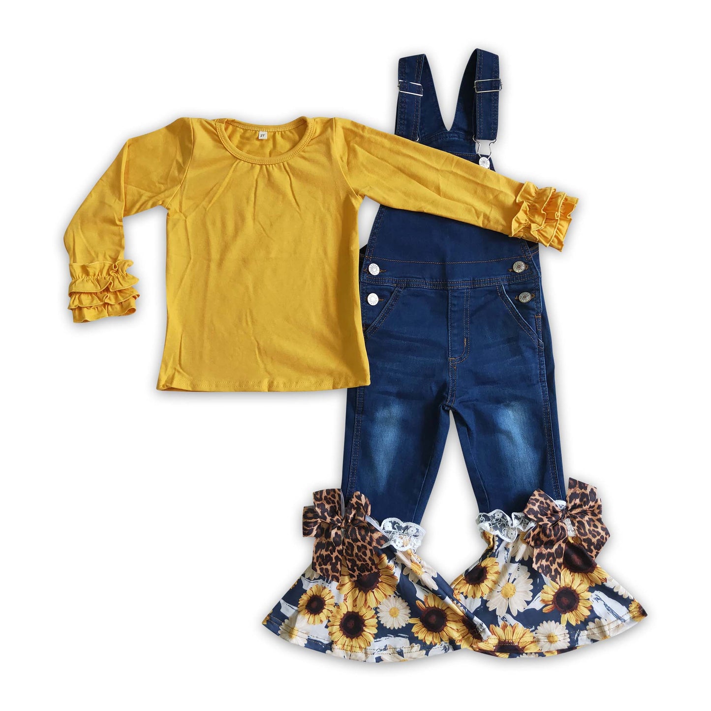 Mustard cotton shirt sunflower deninm overalls girls fall outfits