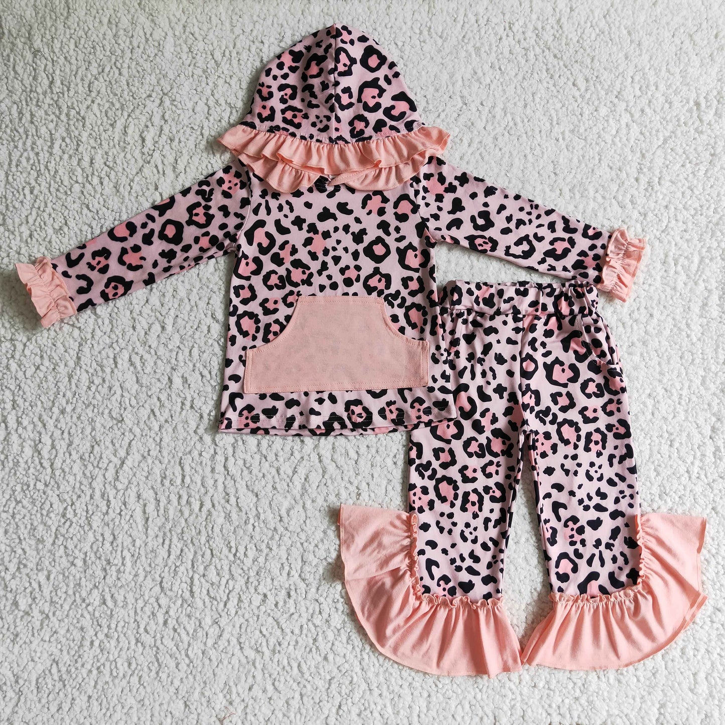 Pink leopard hoodie ruffle pocket pants girls clothing set