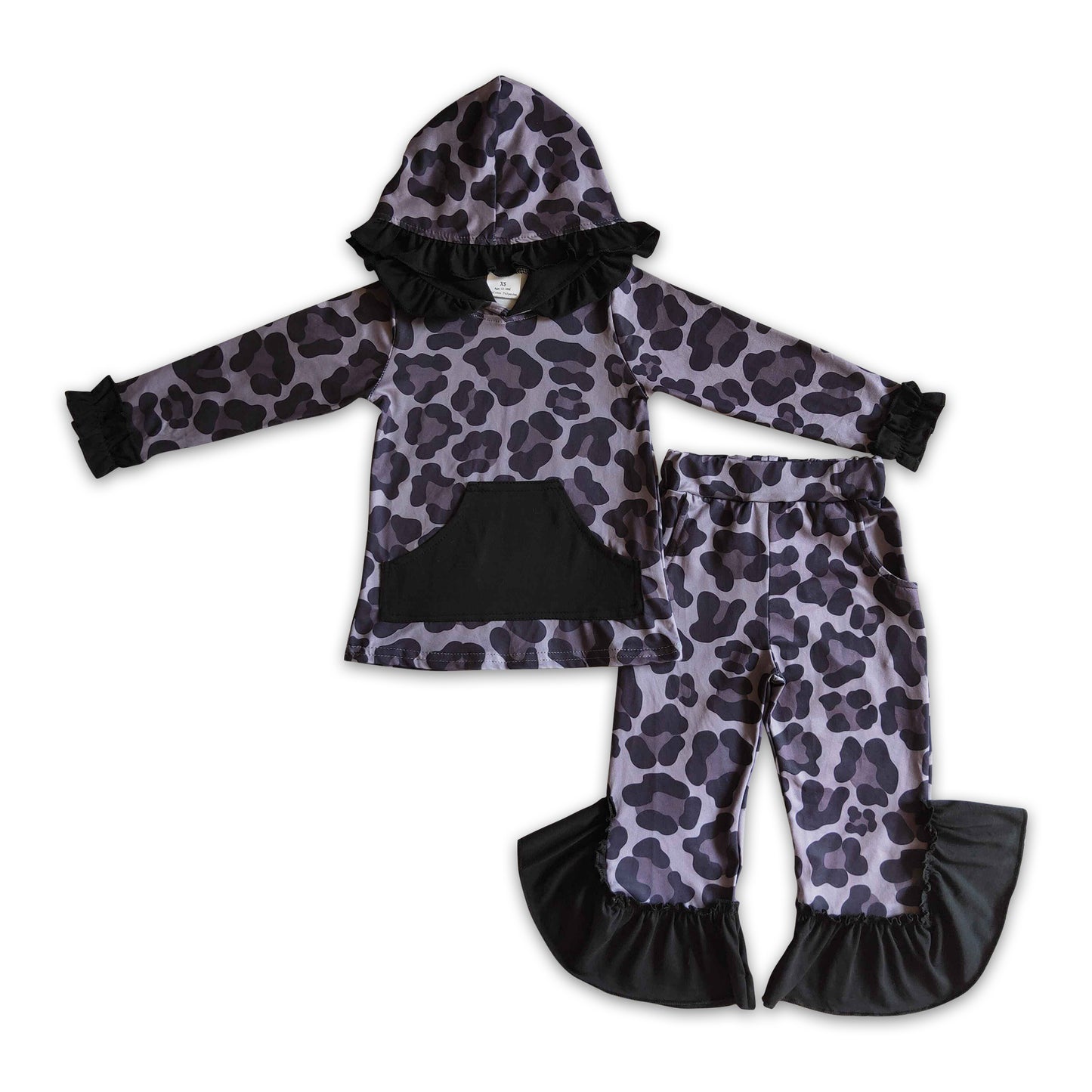Black leopard hoodie pocket ruffle pants girls fall clothing