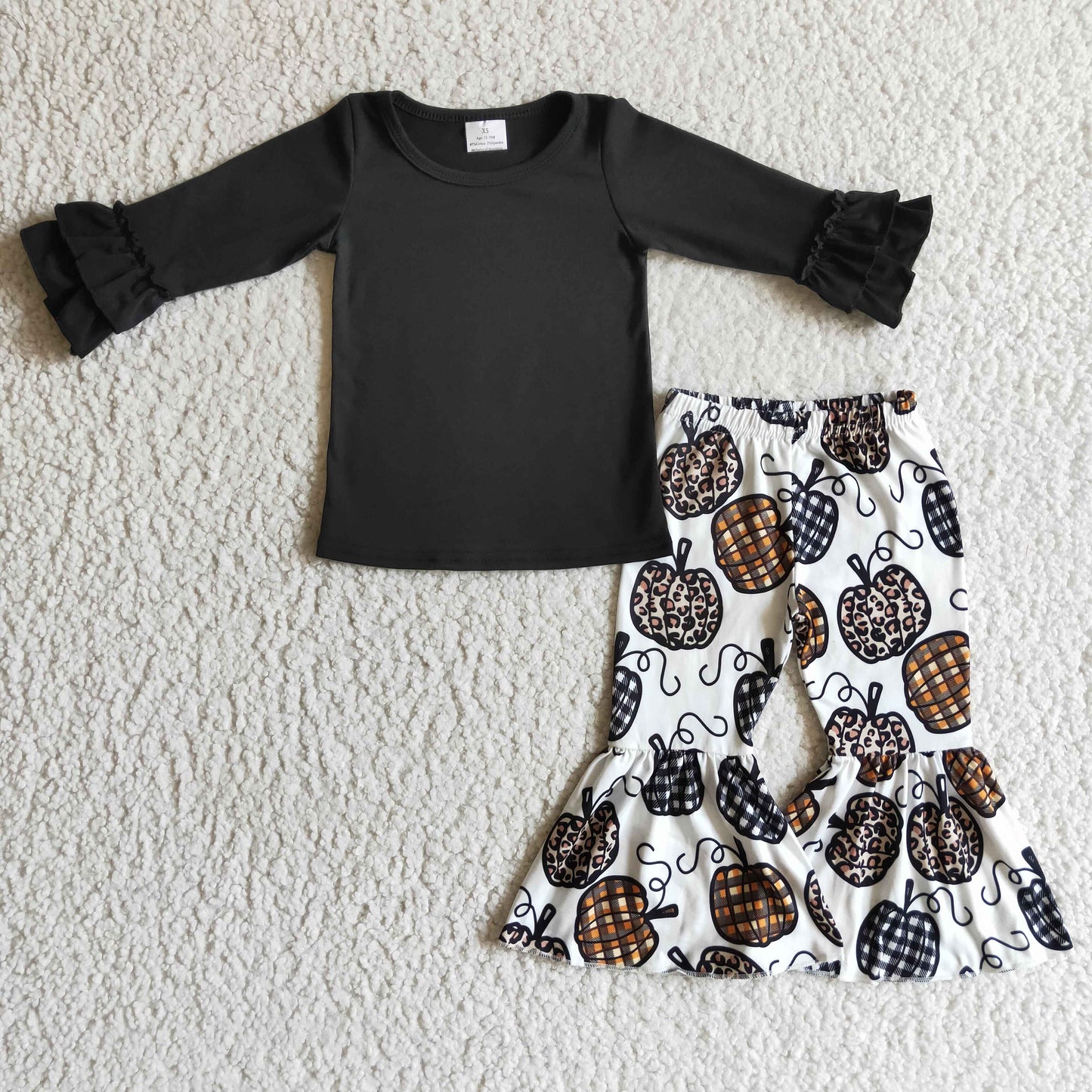 Black shirt plaid leopard pumpkin pants girls fall clothing