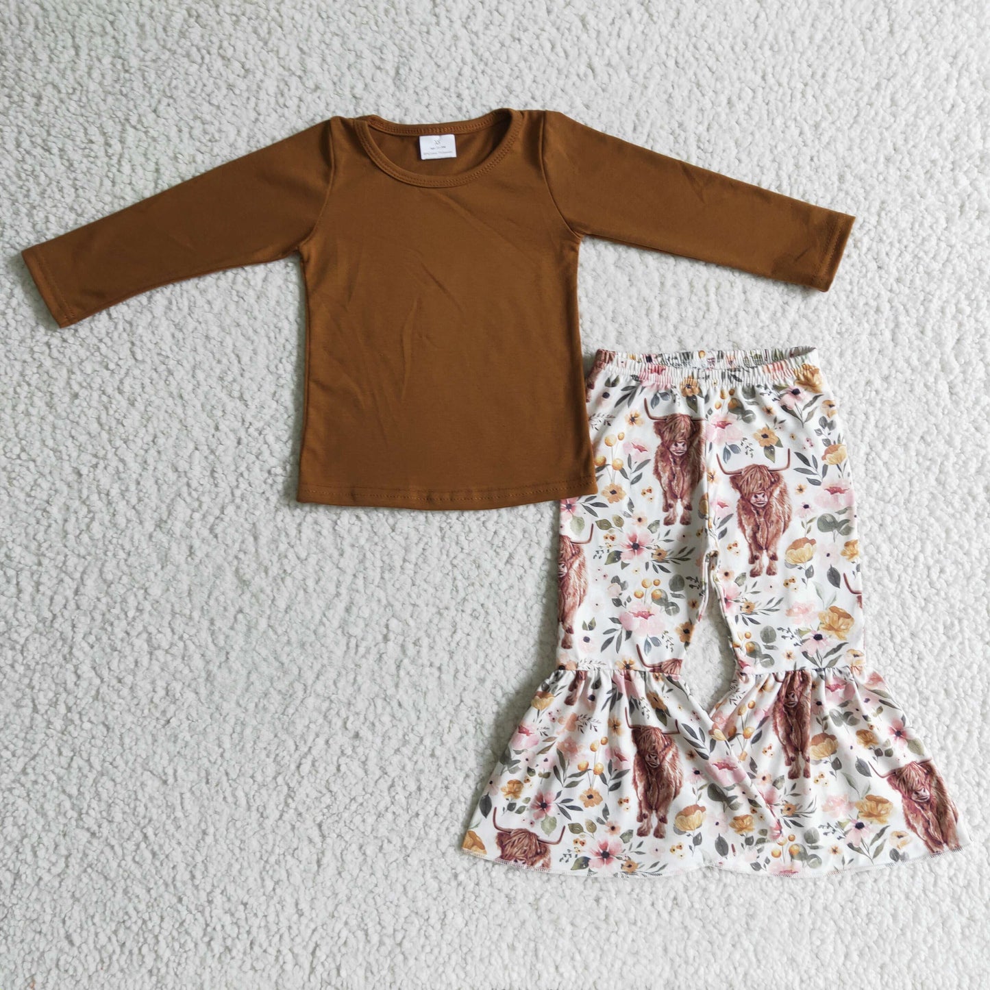 Brown cotton top highland cow pants girls fall clothing set