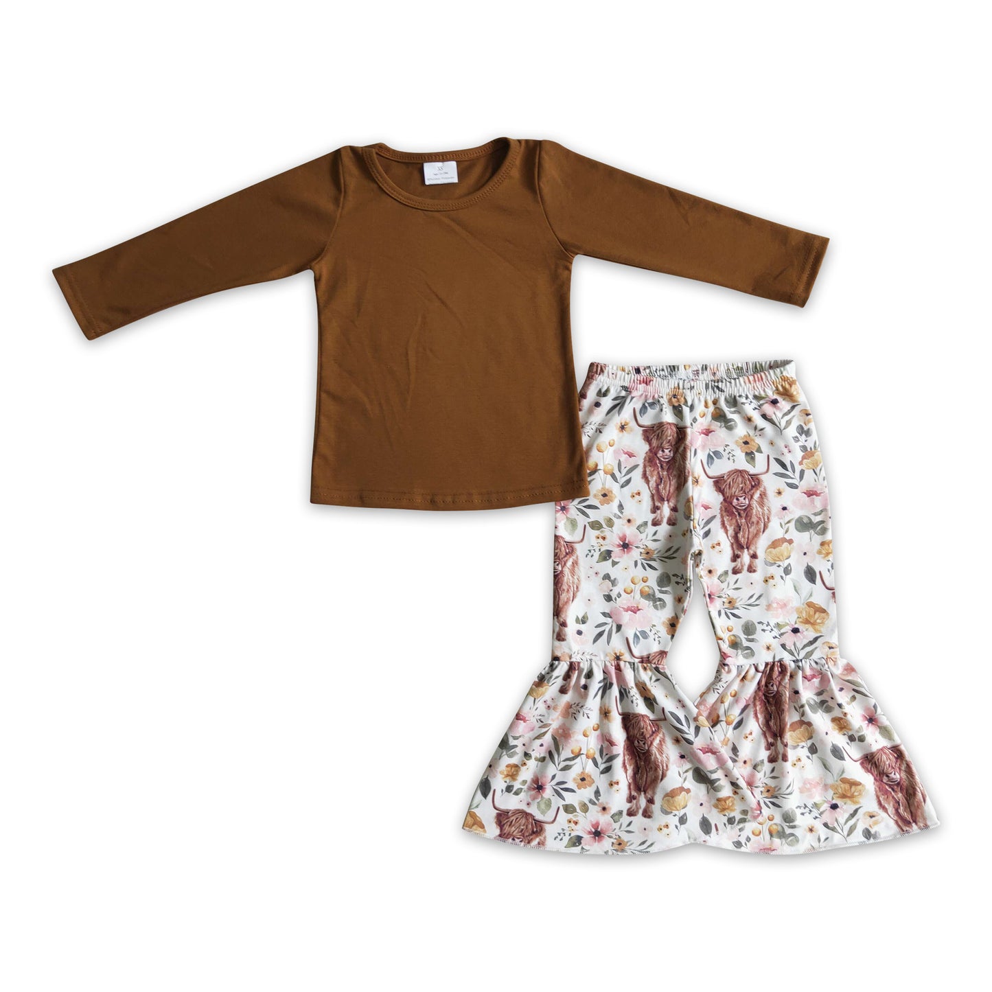 Brown cotton top highland cow pants girls fall clothing set