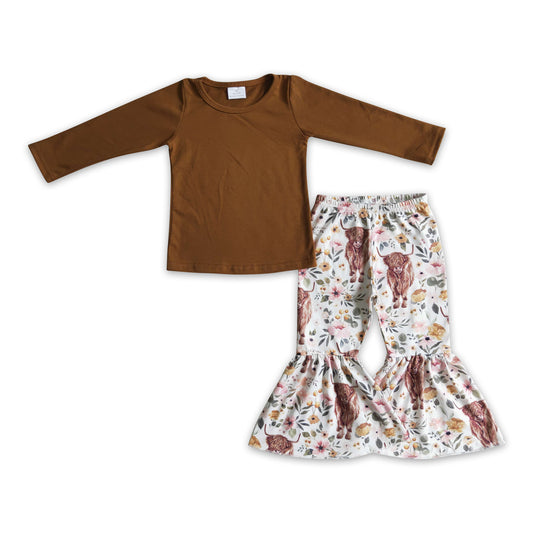 Brown cotton top highland cow pants girls fall clothing set