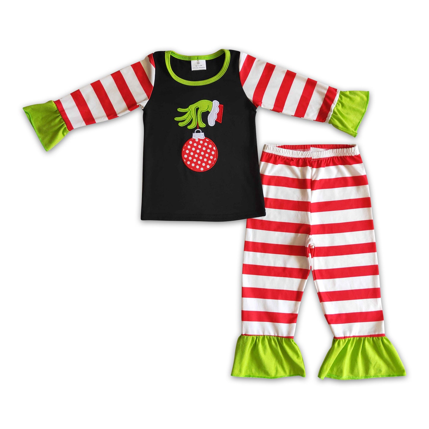 Jingle bell embroidery green face kids girls Christmas pajamas