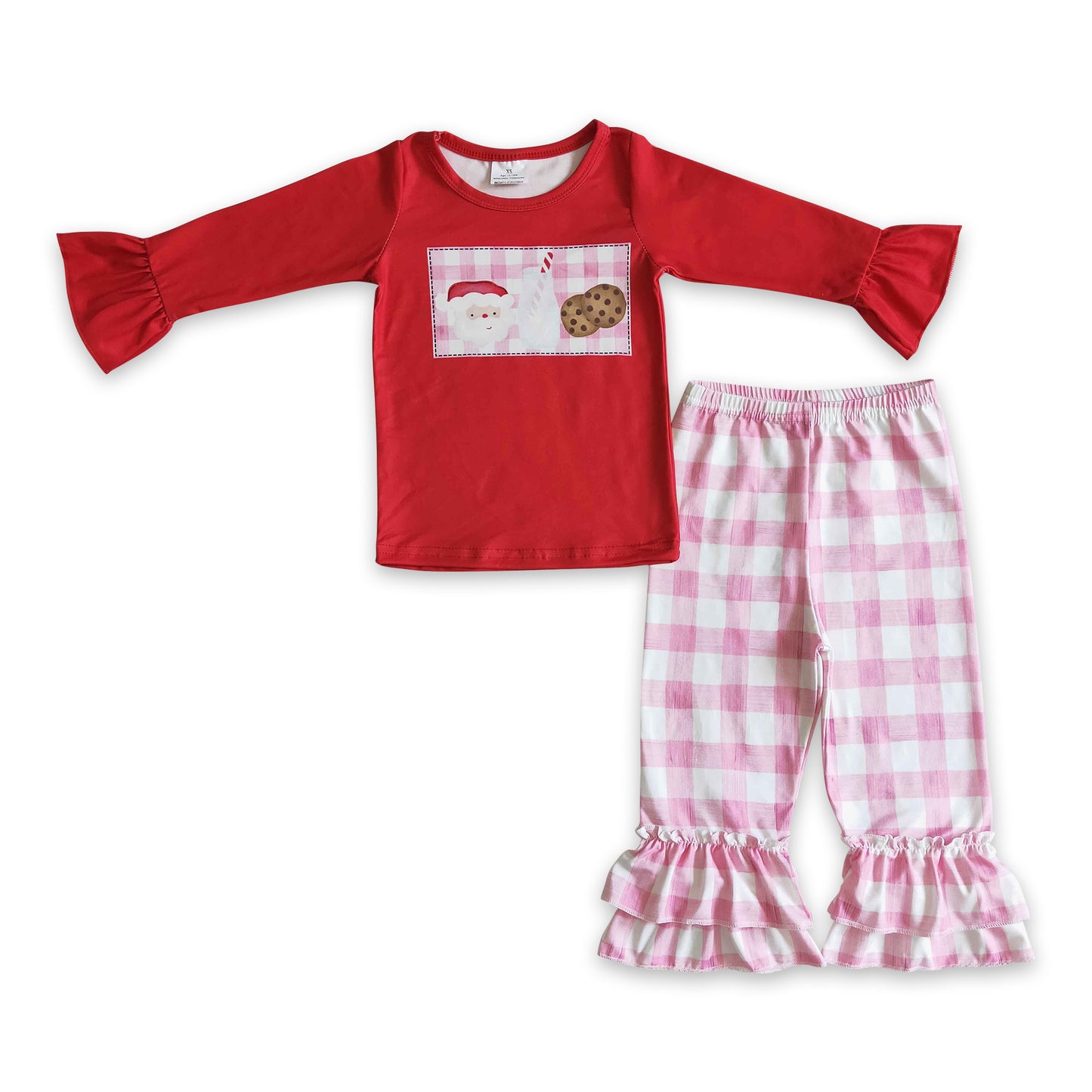 Santa milk biscuit shirt plaid ruffle pants girls Christmas clothes