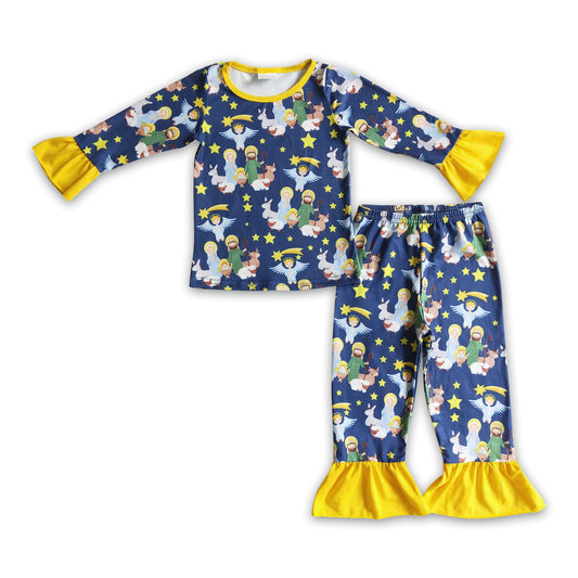 Nativity yellow ruffle baby girls Christmas pajamas