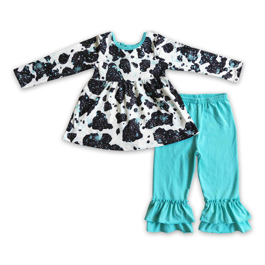 Cow tunic turquoise ruffle pants girls clothes