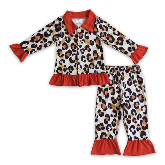 Leopard long sleeves girls ruffle pajamas
